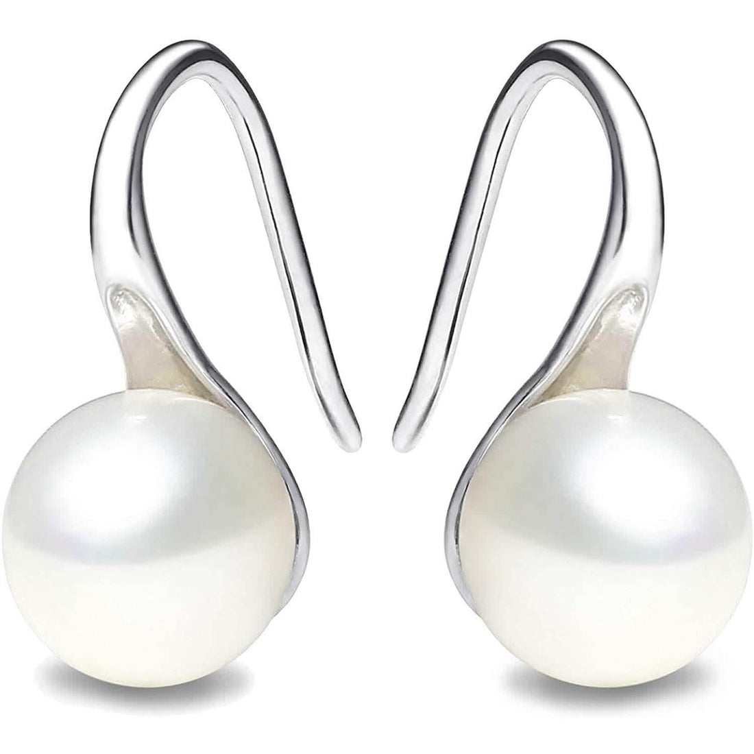 925 Sterling Silver 7.5-8mm White Freshwater Cultured Pearl Dangle Drop Earrings