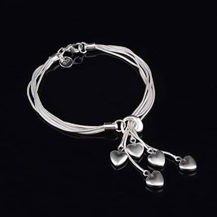 .925 Sterling Silver Five-Line Chain with Five-Heart Bracelet