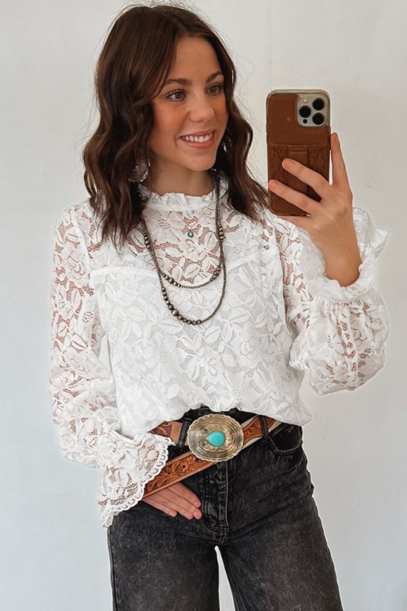 White Ruffled Round Neck Long Flounce Sleeve Sheer Lace Blouse - Loving It Shop