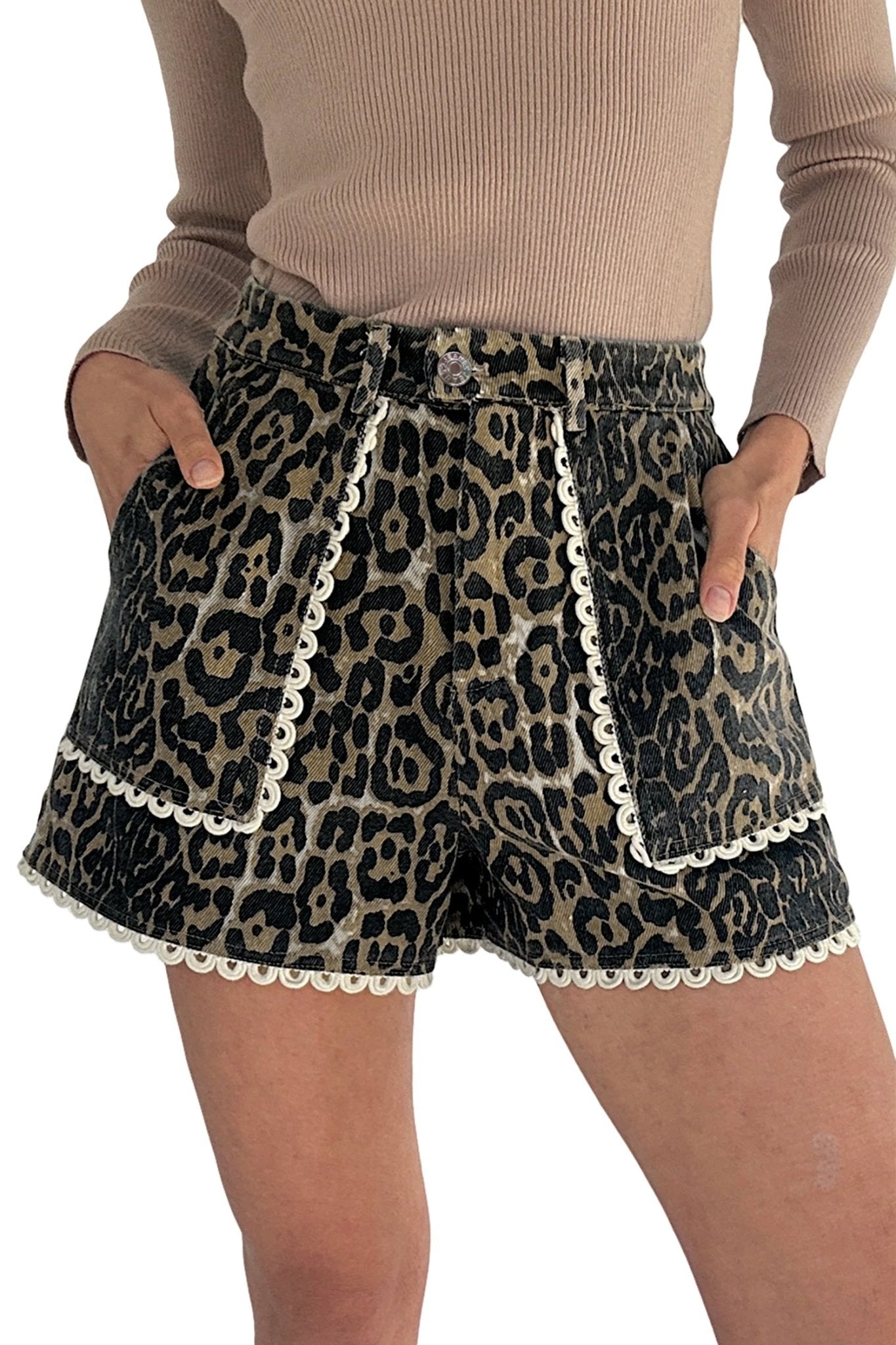 Khaki Contrast Scalloped Lace Trim Leopard Denim Shorts - Loving It Shop