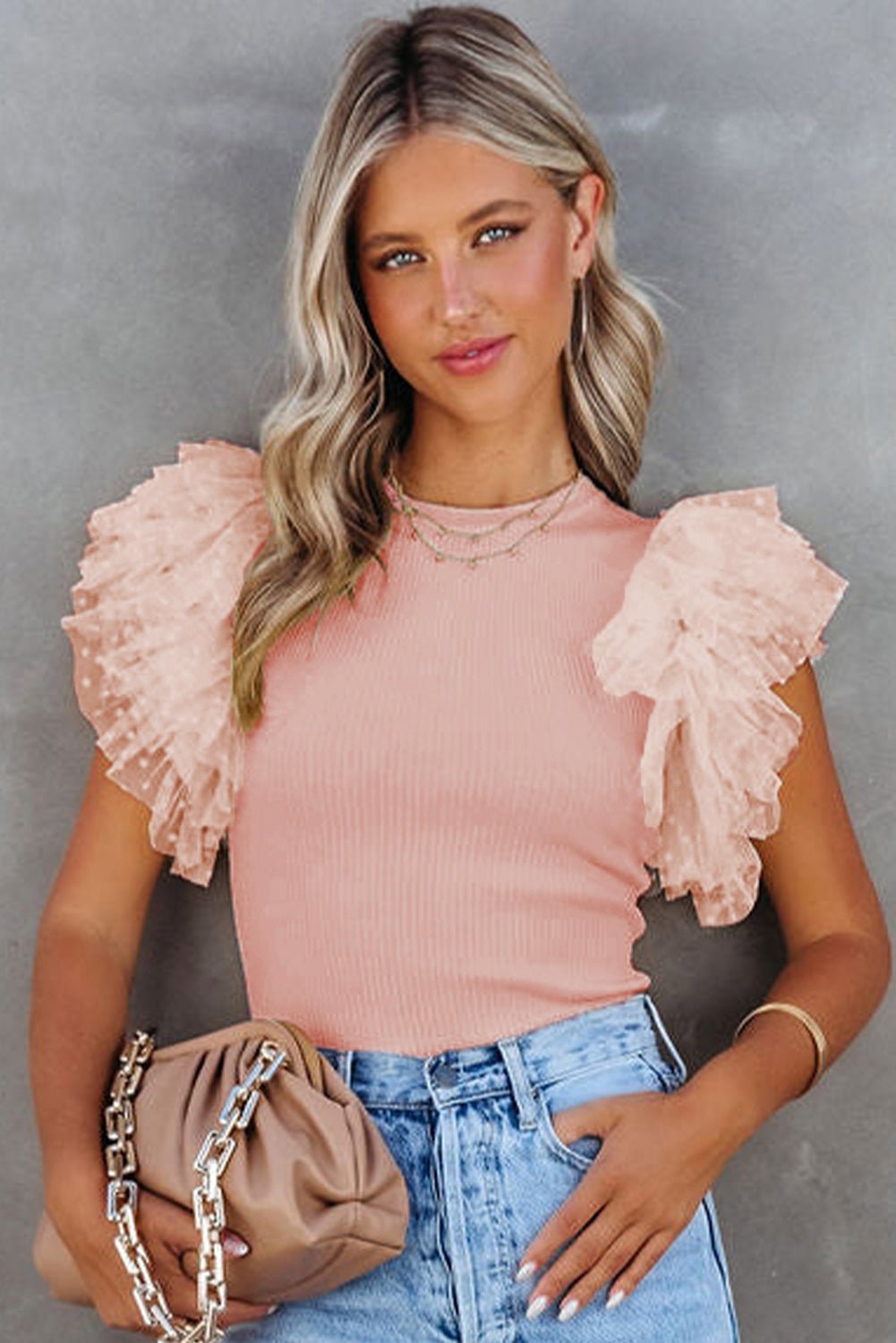 Pink Dotty Mesh Ruffle Sleeve Ribbed Knit Top - Loving It Shop