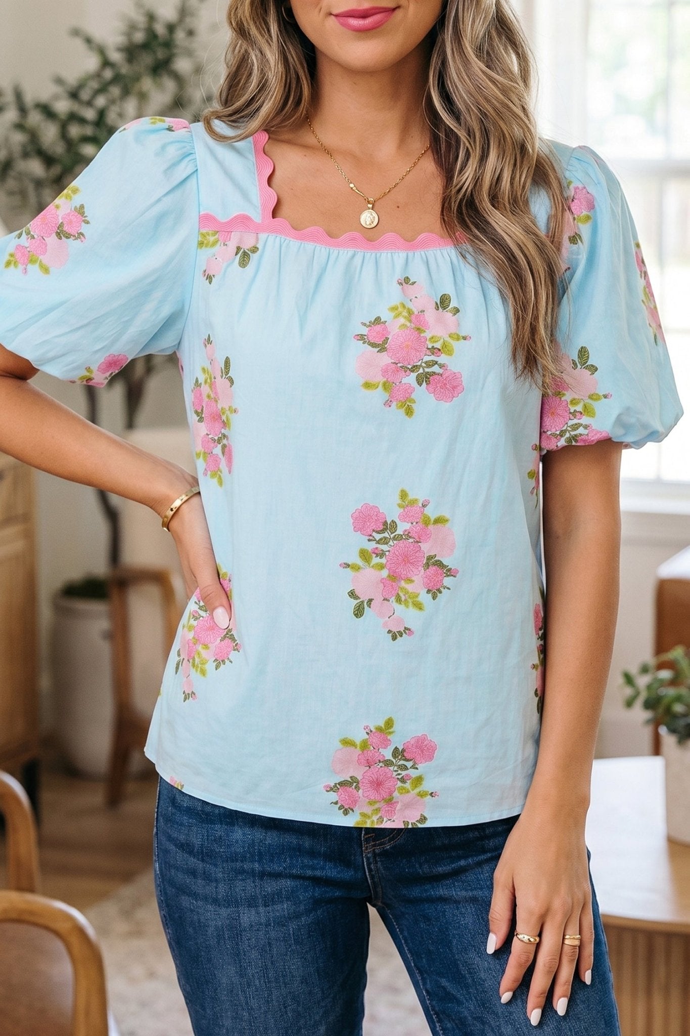 Sky Blue Floral Printed Contrast Ricrac Detail Bubble Sleeve Blouse - Loving It Shop