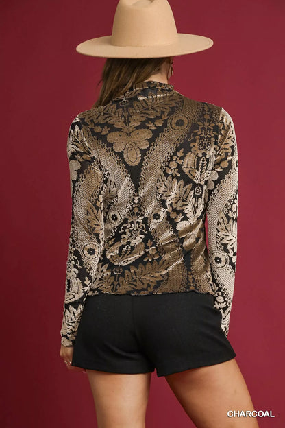 Damask Print Velvet Burnout Top