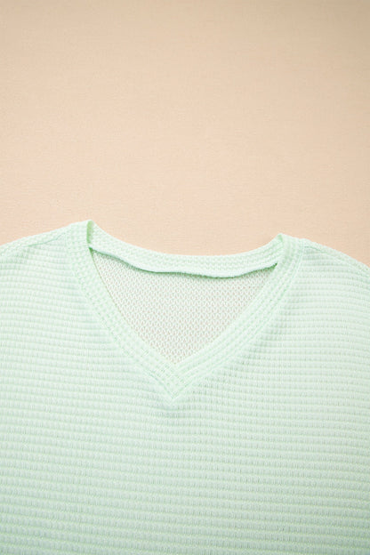 Clearly Aqua Waffle V Neck Short Sleeve Knit Top