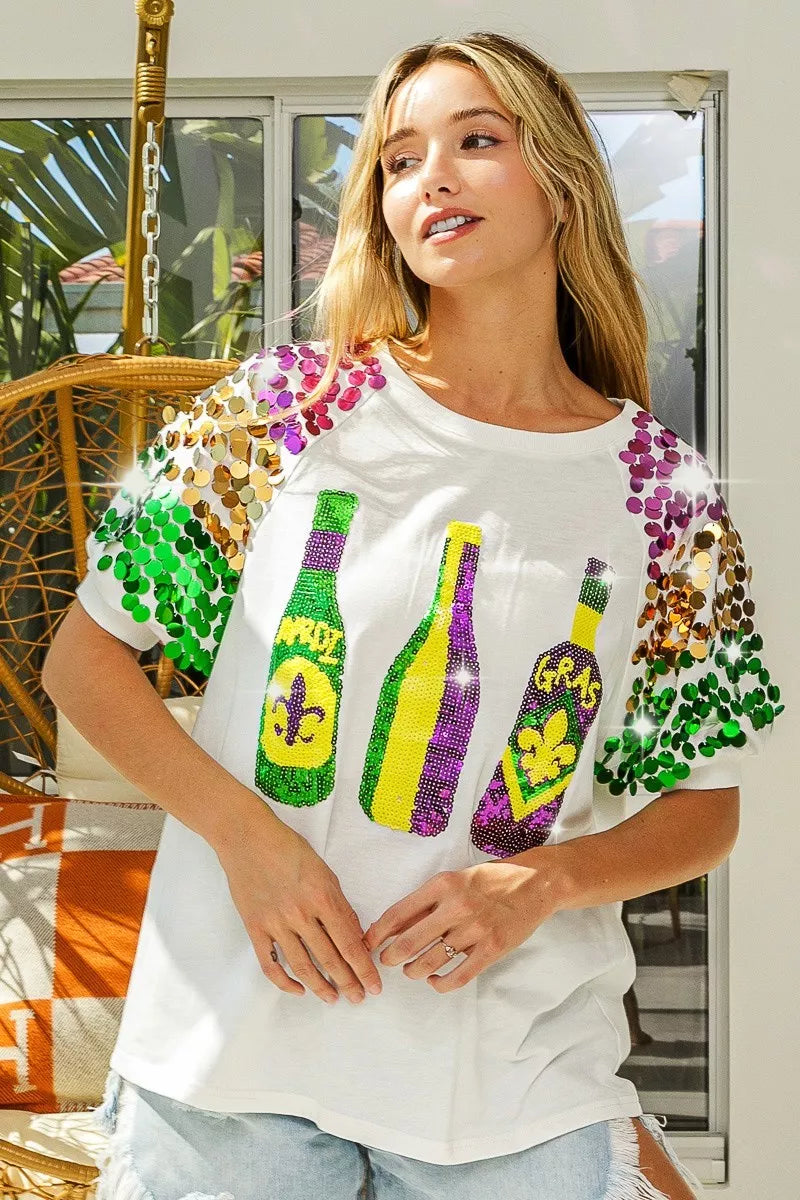 Sequin Mardi Gras Bottles Spangled Sleeve Top