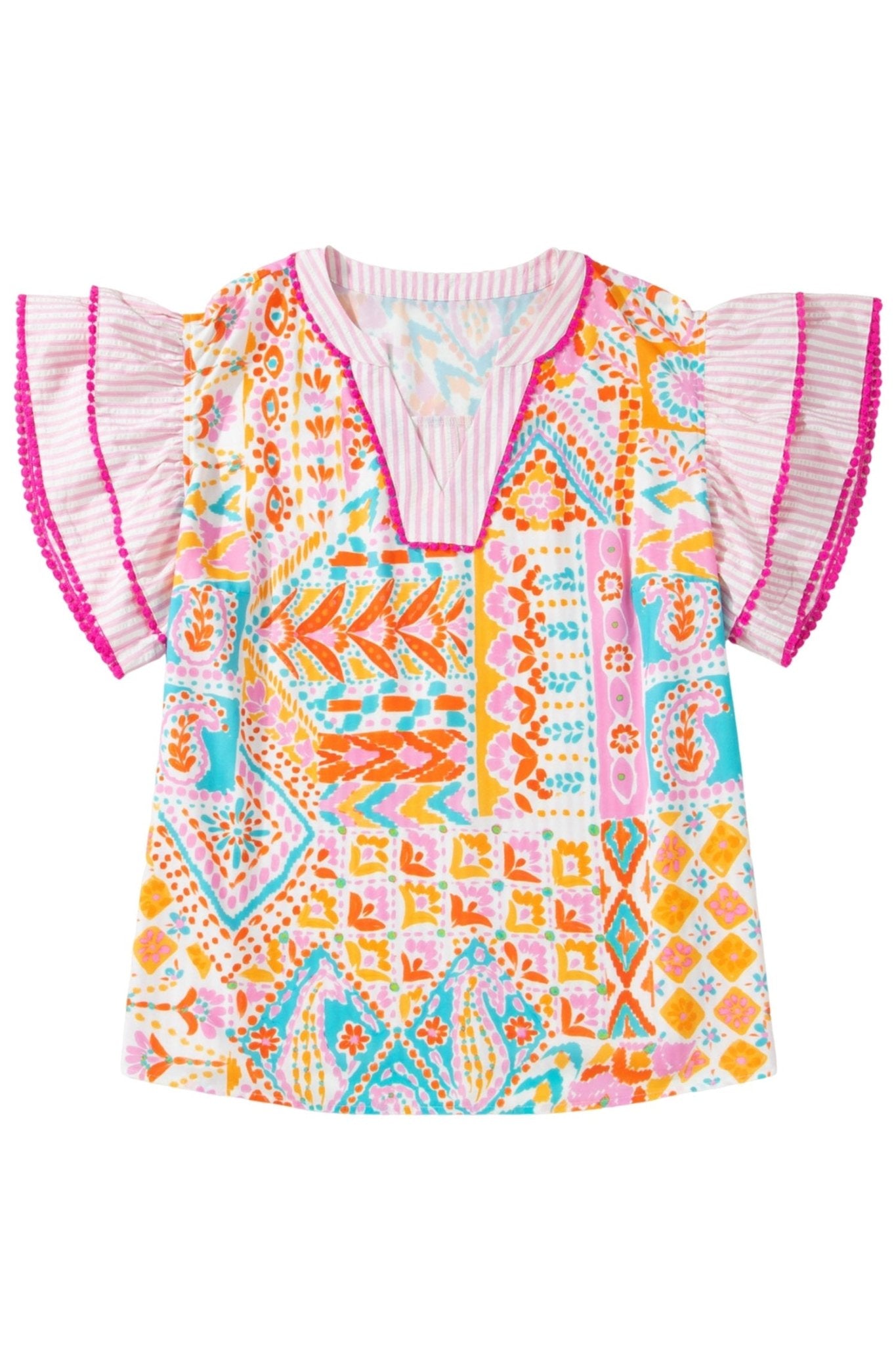 Rose Plus Size Geometric Print Contrast Trim Striped V Neck Blouse - Loving It Shop