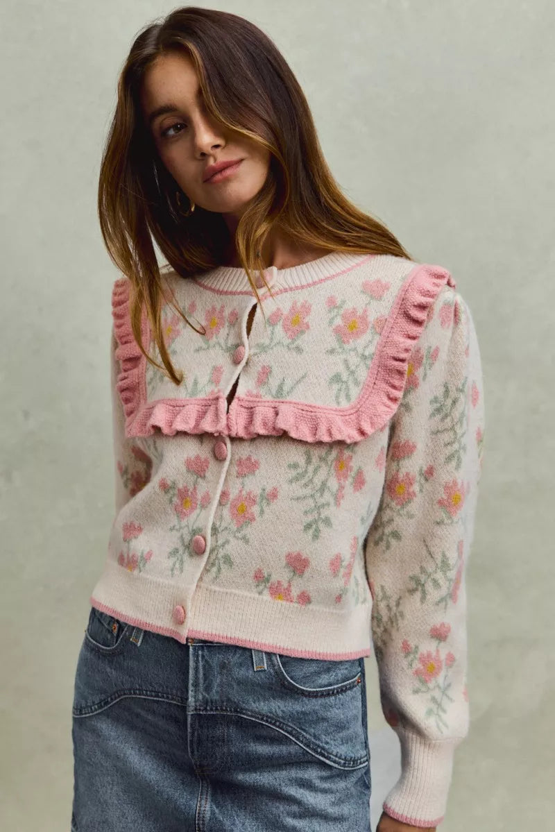 Flower With Ruffle Detailing Sweater Cardigan