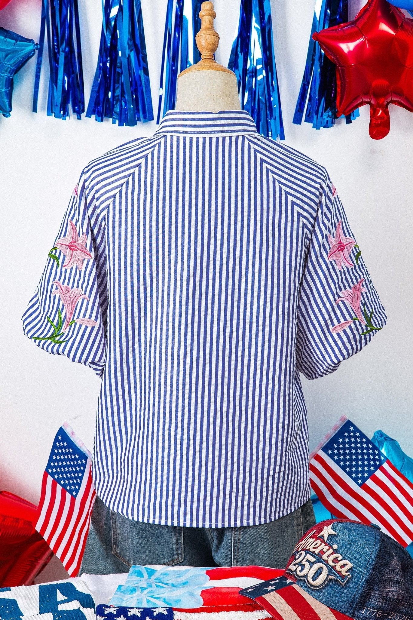 Sky Blue Stripe Lily Floral Embroidered Puff Sleeve Button Down Shirt - Loving It Shop