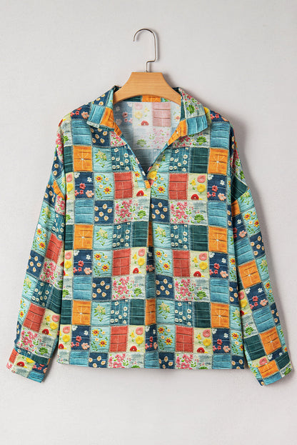 Sky Blue Floral Collared V Neck Roll up Sleeve Shift Blouse