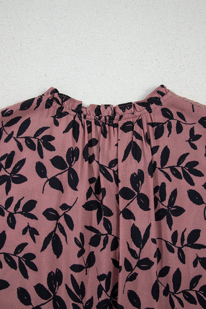 Brown Leaf Print Lace-up V Neck Crinckled Tank Top