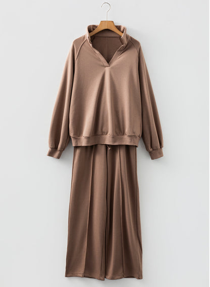 Dark Khaki Polo Collar V Neck Pullover and Drawstring Sweatpants Set