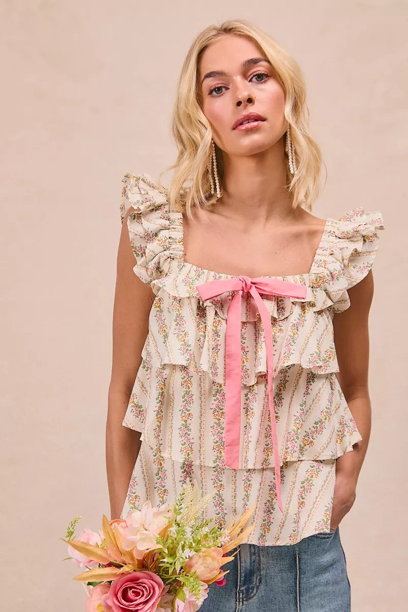 Floral Printed Woven Front Bow Tied Ruffled Square Neck Sleeveless Top