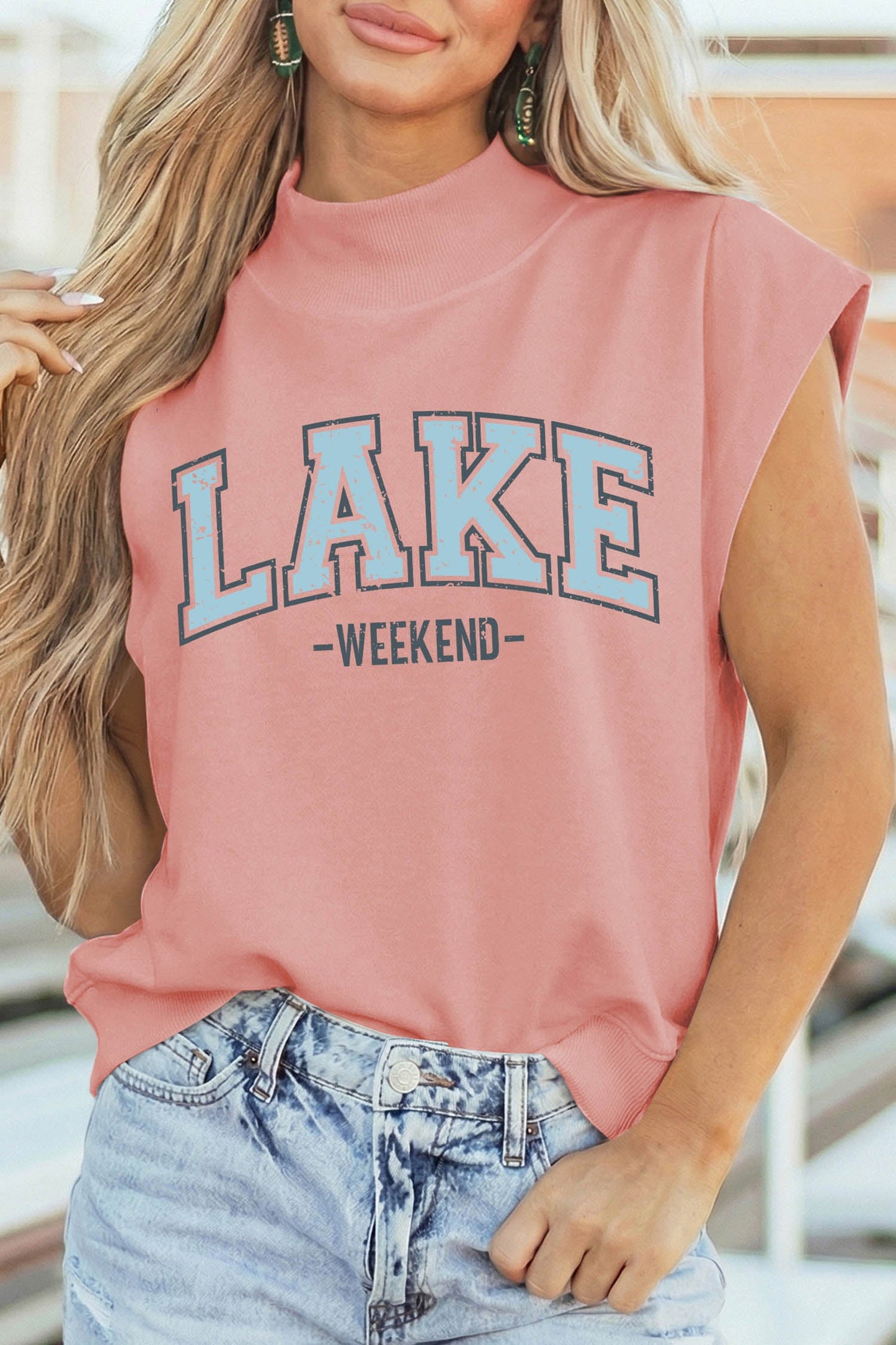 Pink Lake Weekend Graphic High Neck Short Sleeve Top - Loving It Shop