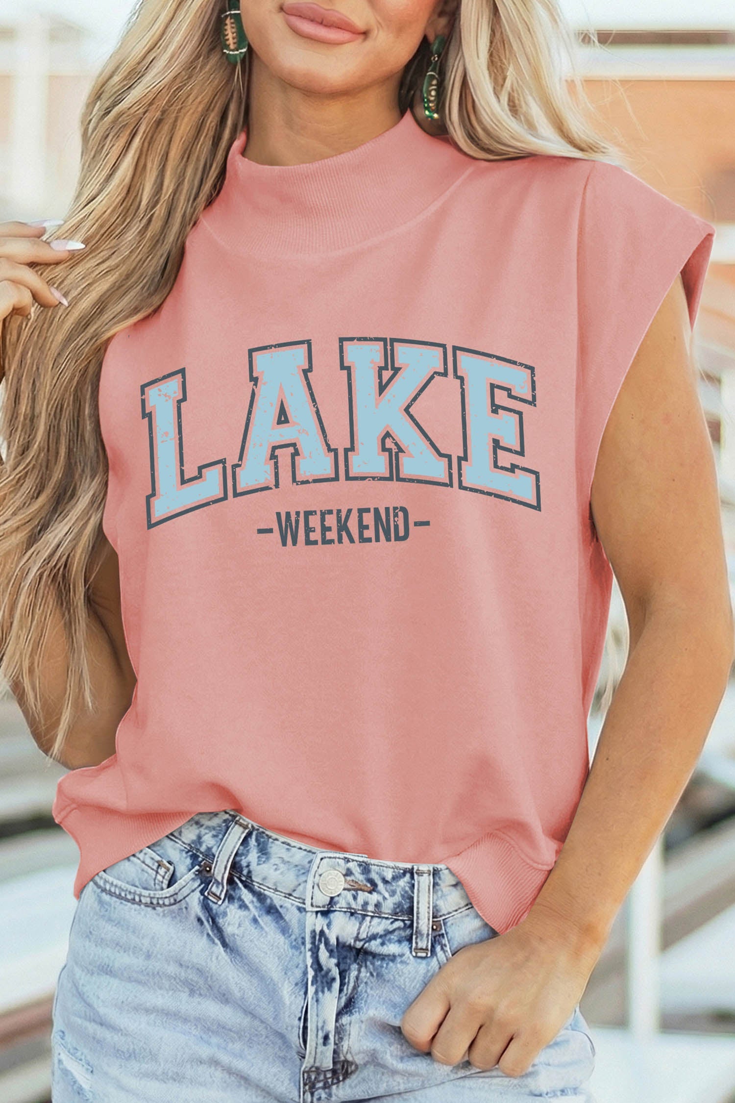 Pink Lake Weekend Graphic High Neck Short Sleeve Top - Loving It Shop
