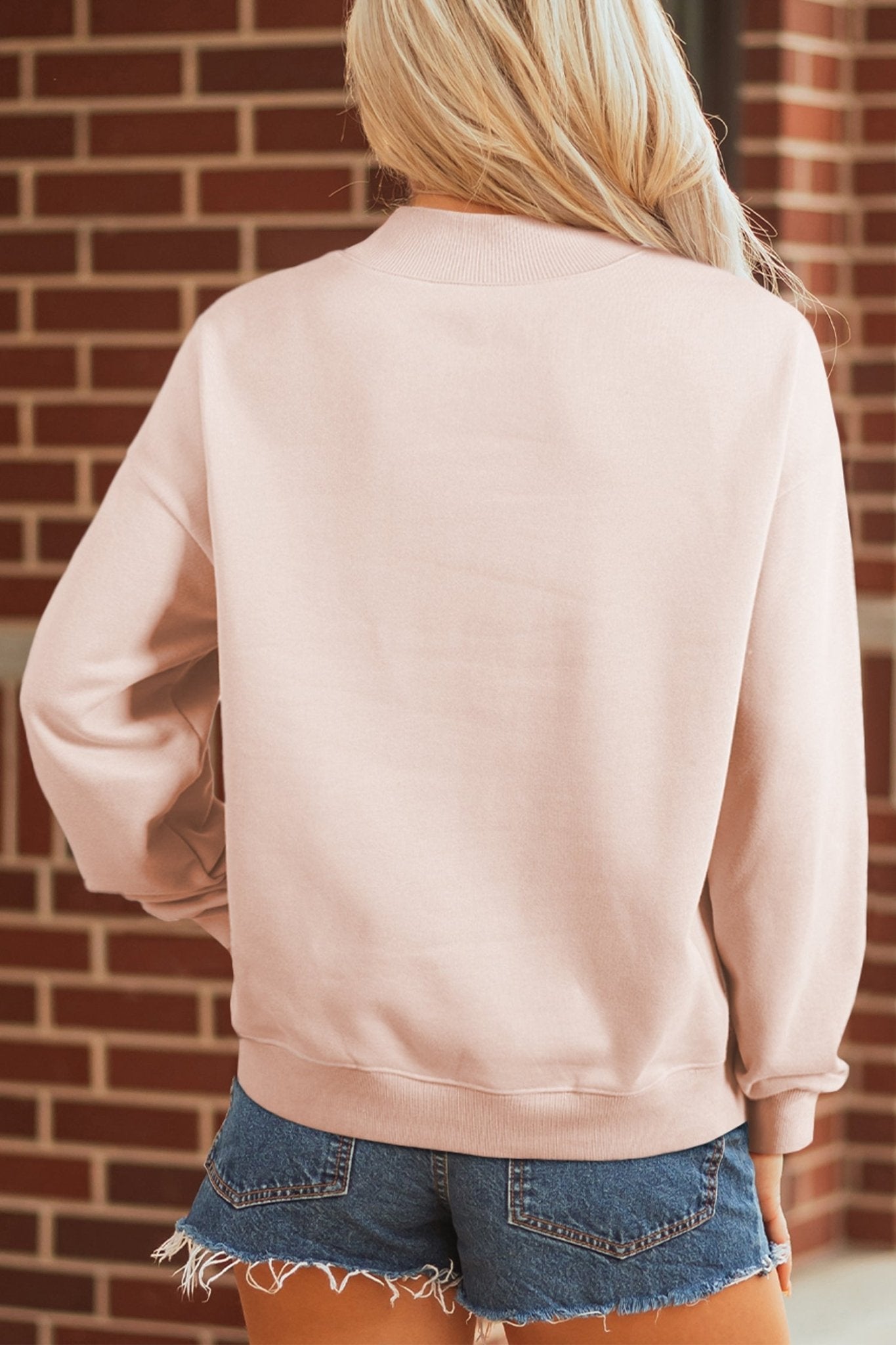 Apricot Pink Bow Knot Duck Faux Patchwork Printed Mock Neck Sweatshirt - Loving It Shop