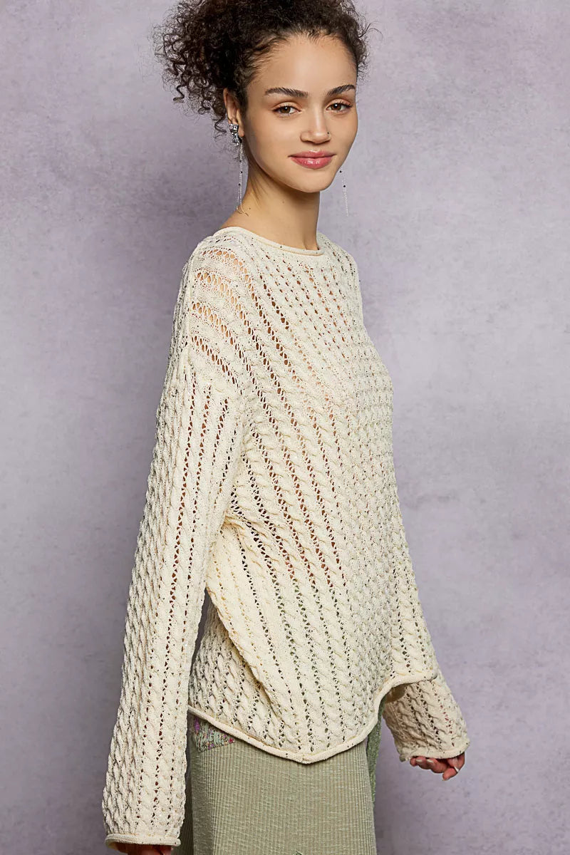 Openwork Round Neck Knit Top with Shiny Detail