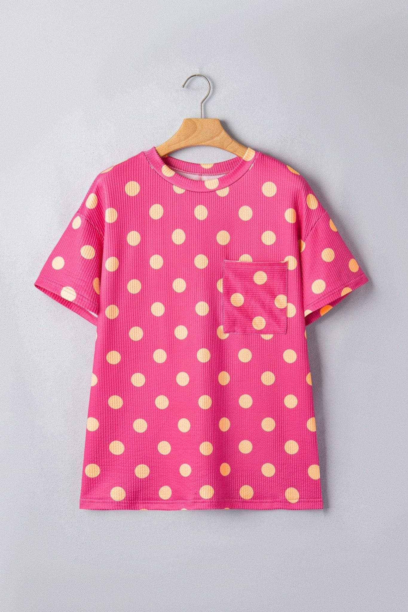 Pink Polka Dot Round Neck Drop Shoulder Patch Pocket Jacquard Texture Top - Loving It Shop