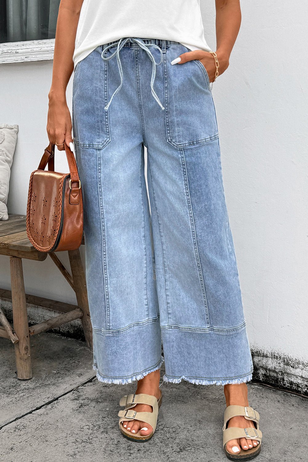 Beau Blue Drawstring Seam Detail Raw Hem Wide Leg Denim Pants - Loving It Shop
