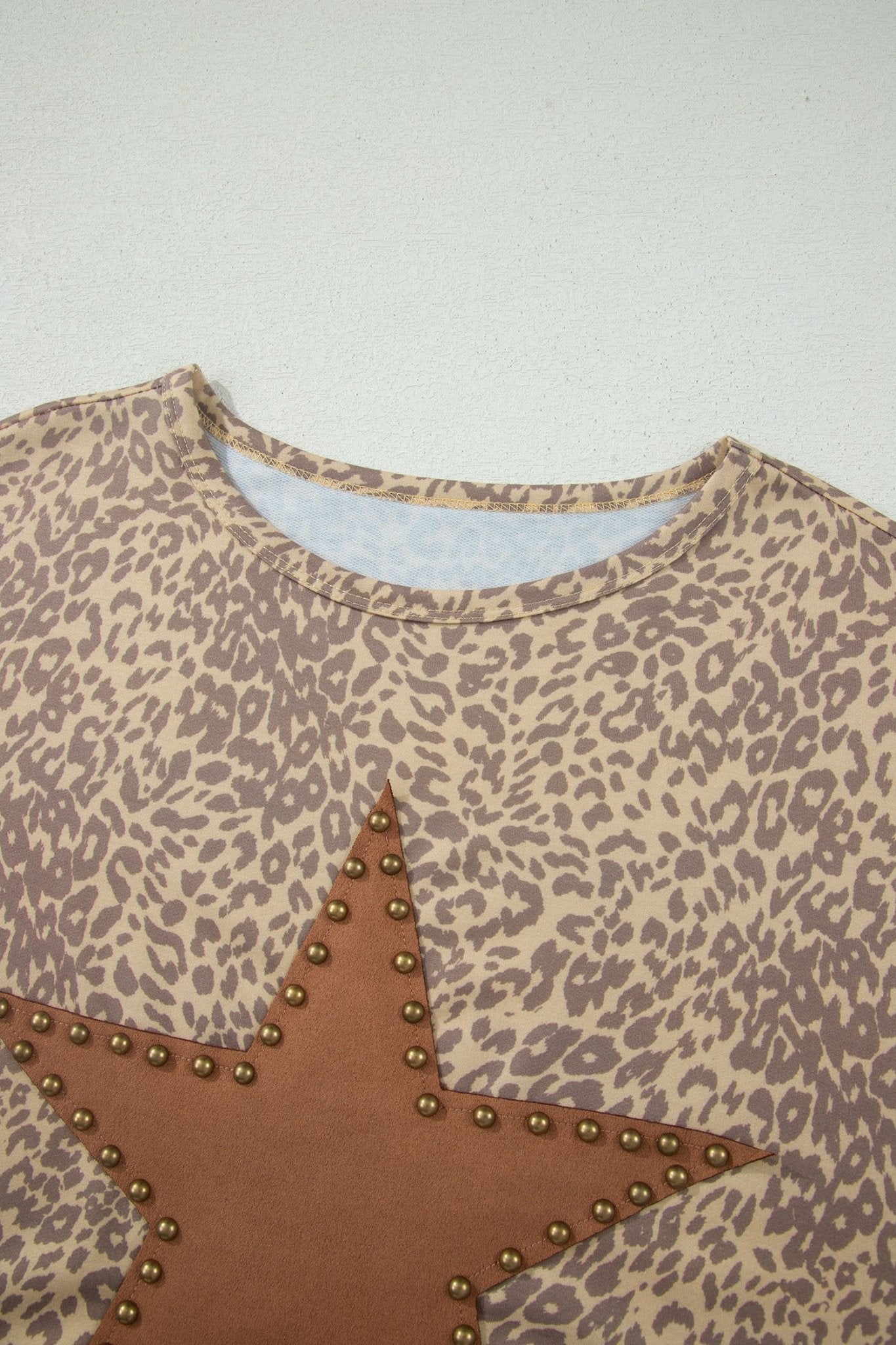 Khaki Leopard Retro Studded Star Patch Loose Tee - Loving It Shop