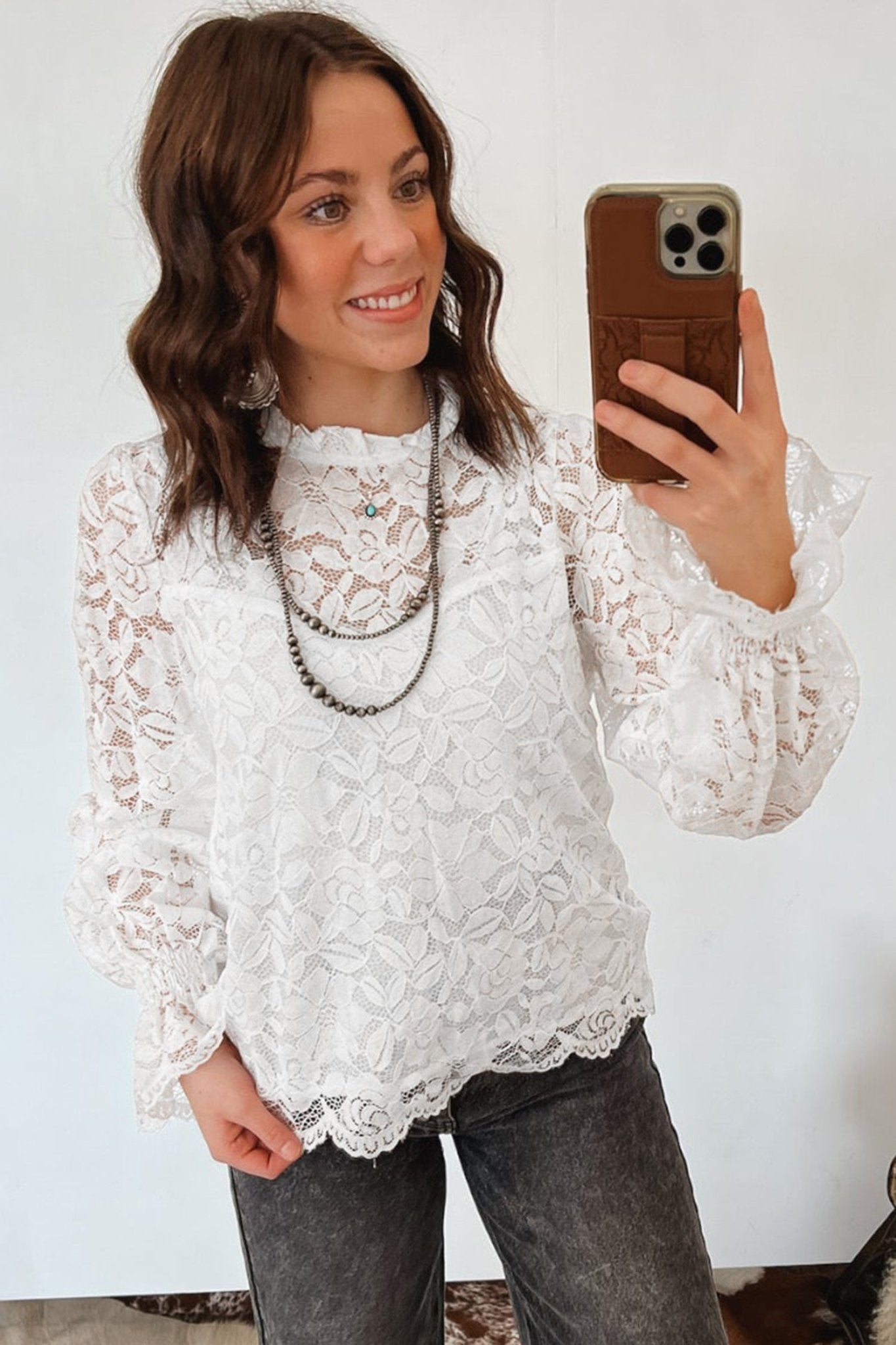 White Ruffled Round Neck Long Flounce Sleeve Sheer Lace Blouse - Loving It Shop