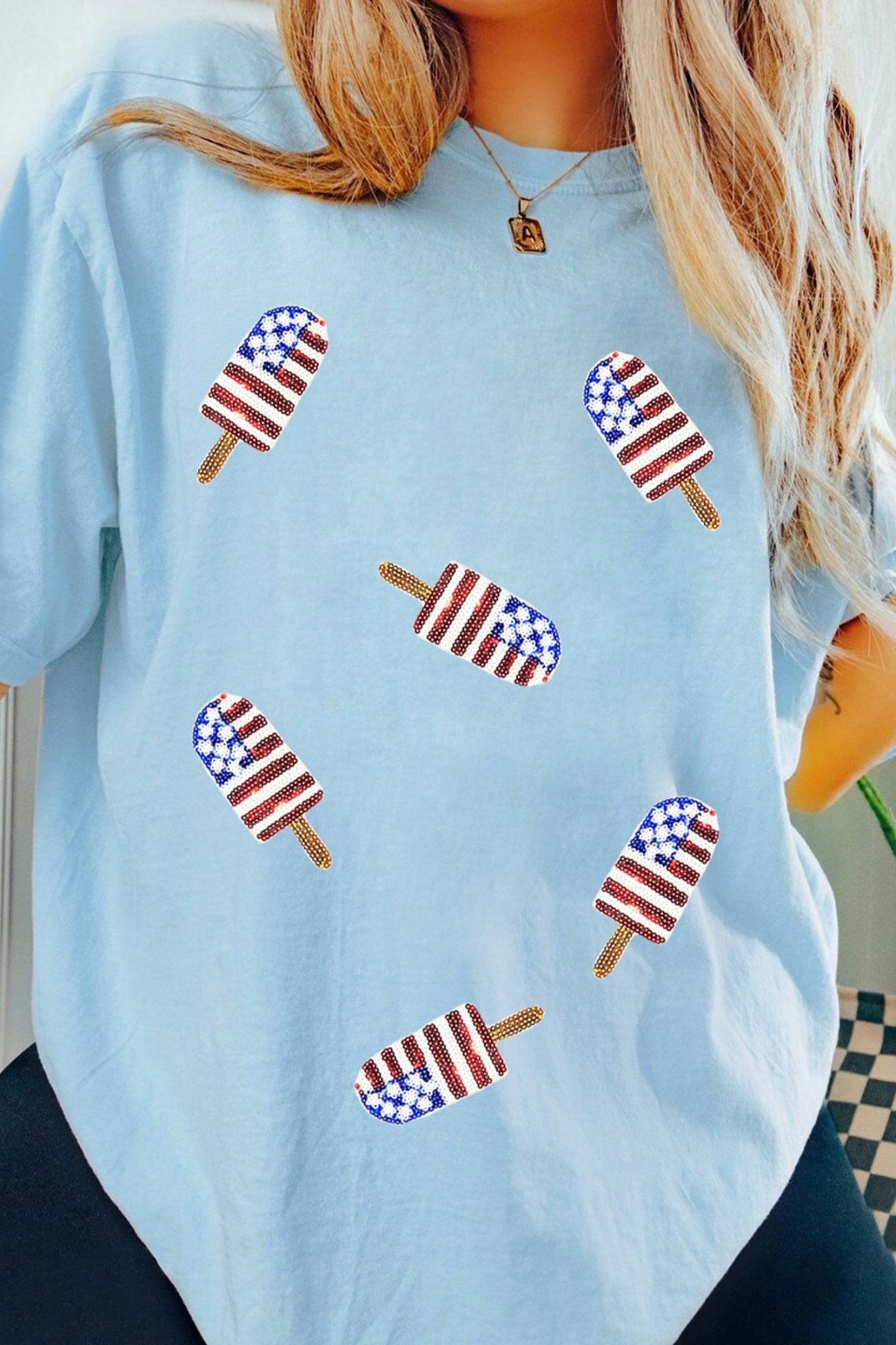 Light Blue Patriotic Sequin Popsicle T Shirt - Loving It Shop
