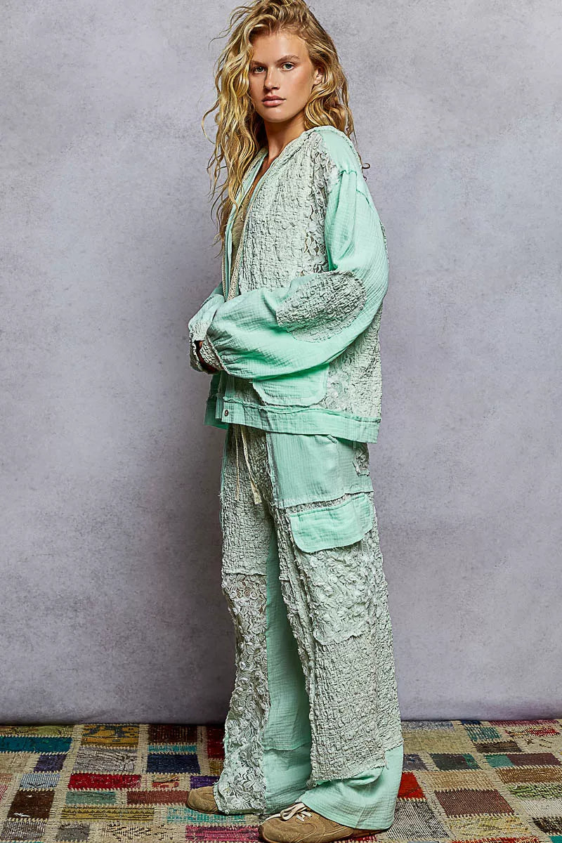 Exposed Seam Button Down Hooded Jacket with Lace Detail