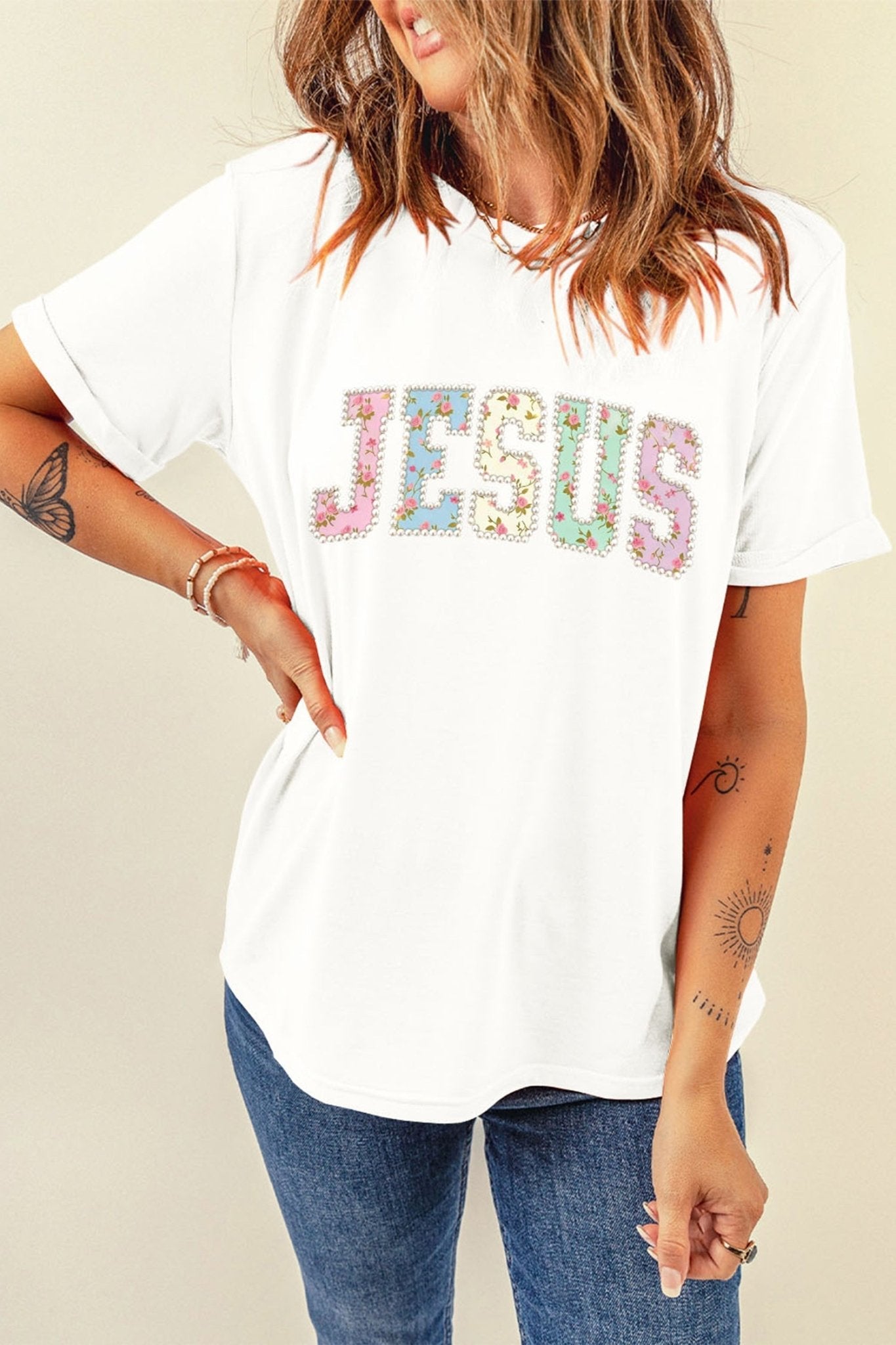 White JESUS Floral Pearl Printed Letter Graphic Tee - Loving It Shop