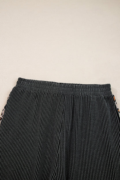 Carbon Grey Twisted Rib Texture Leopard Patchwork Detail 2pcs Pant Set