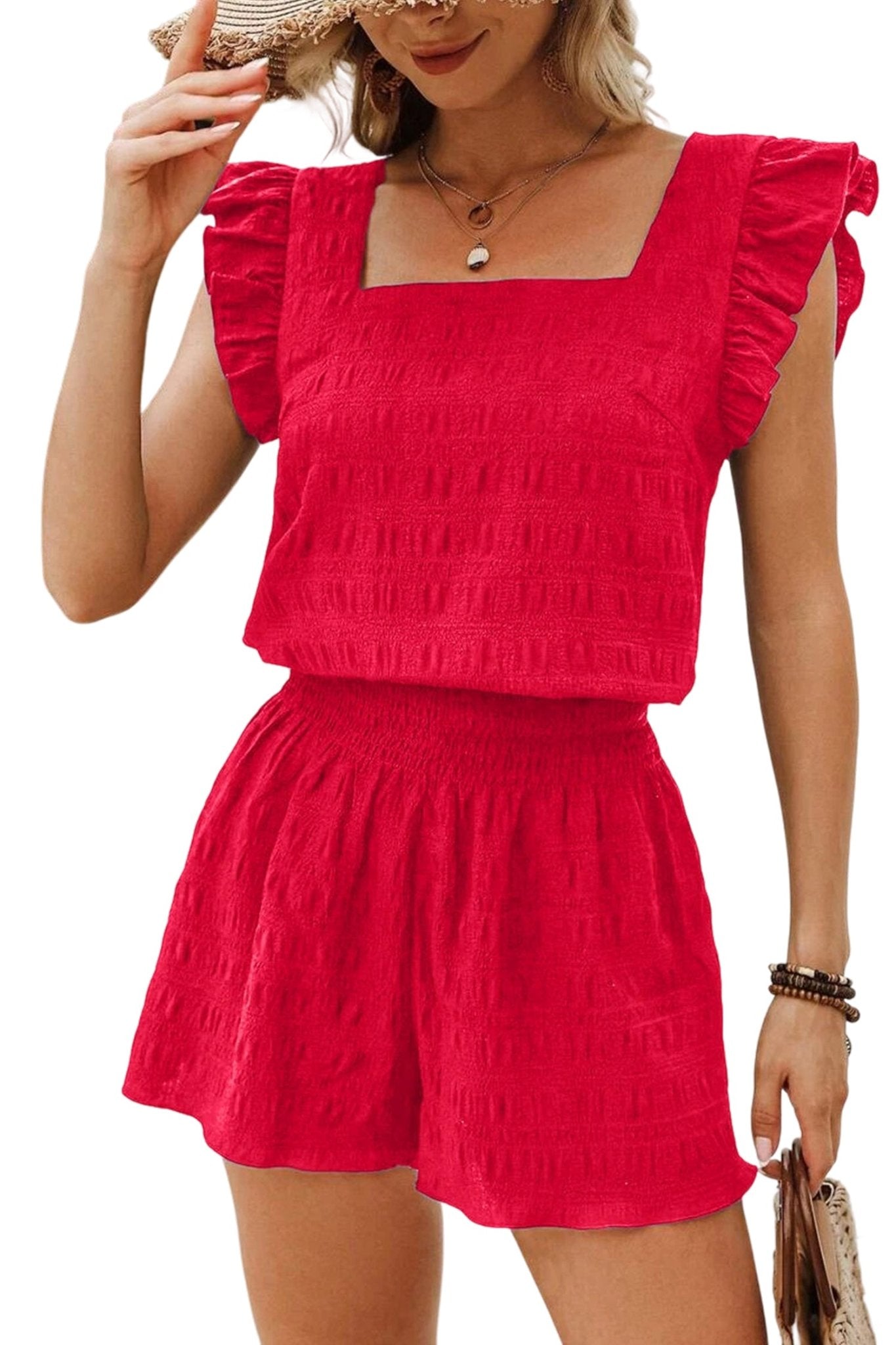 Fiery Red Textured Square Neck Top and Shirred High Waist Shorts Set - Loving It Shop
