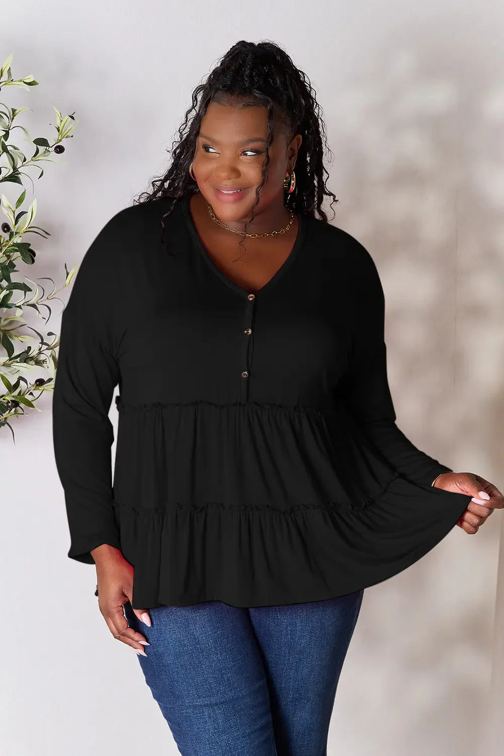 I am a Fashion Junky Take Half Button Long Sleeve Ruffle Hem Blouse