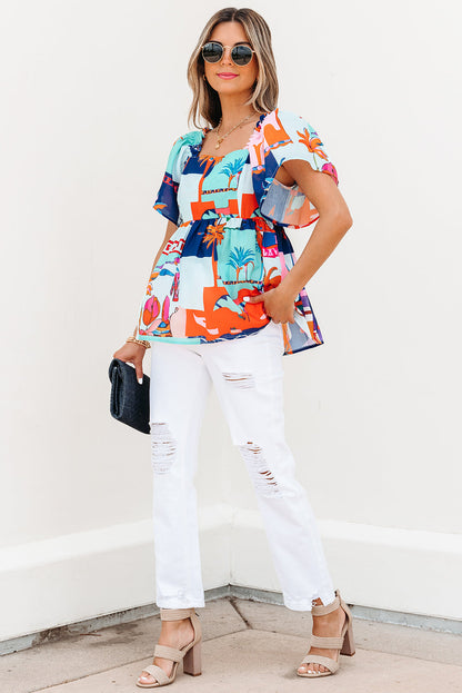 Sky Blue Tropical Printed Square Neck Flutter Sleeve Babydoll Blouse