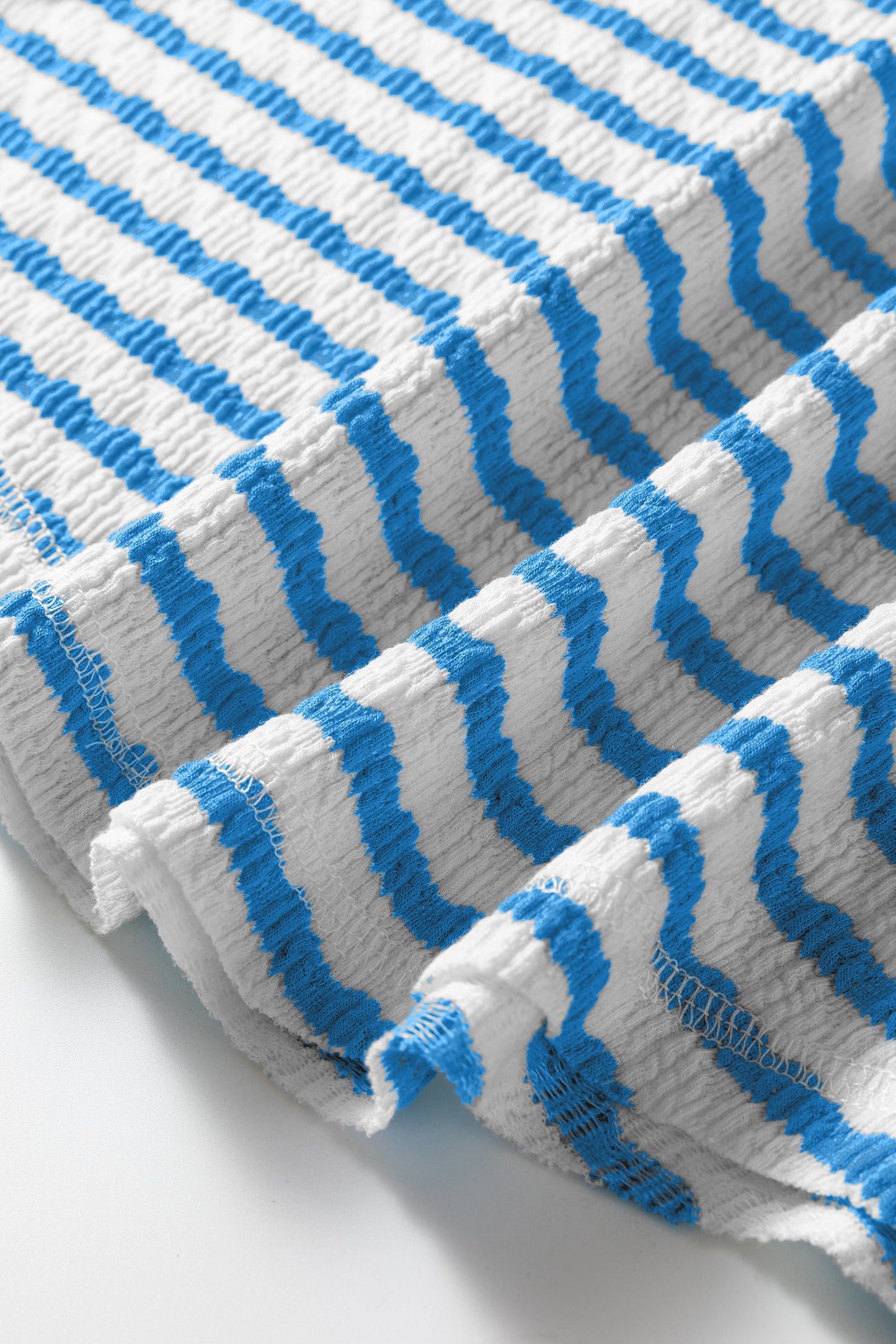 Blue Stripe Textured Short Sleeve Patchwork T Shirt