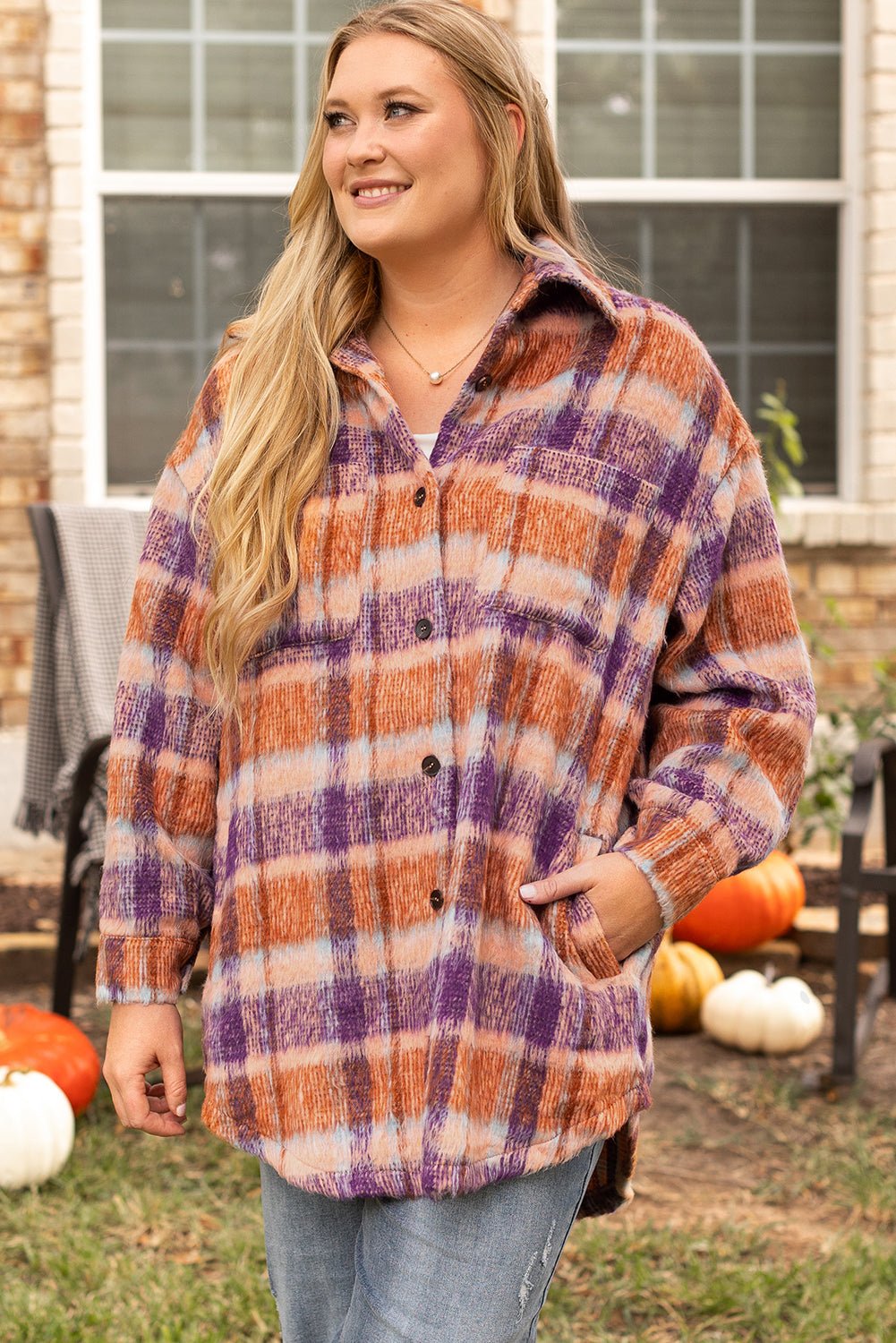 Multicolour Plus Size Plaid Print Collared Button up Jacket - Loving It Shop