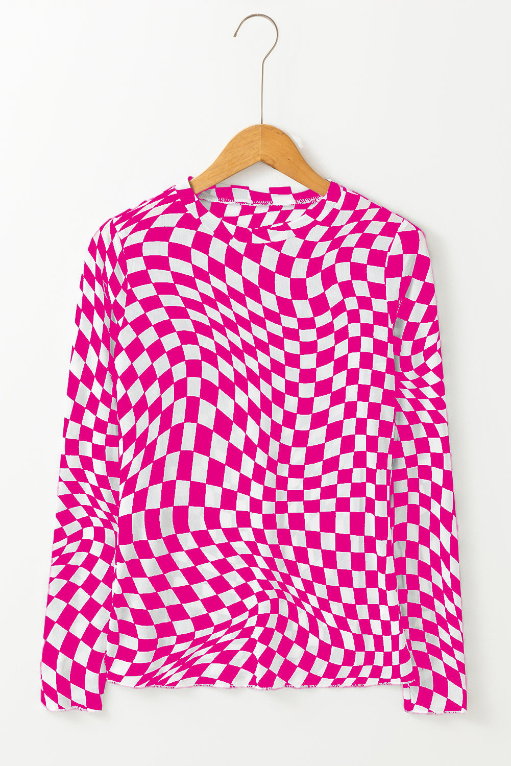 Black Checkered Pattern Mesh Long Sleeve Top