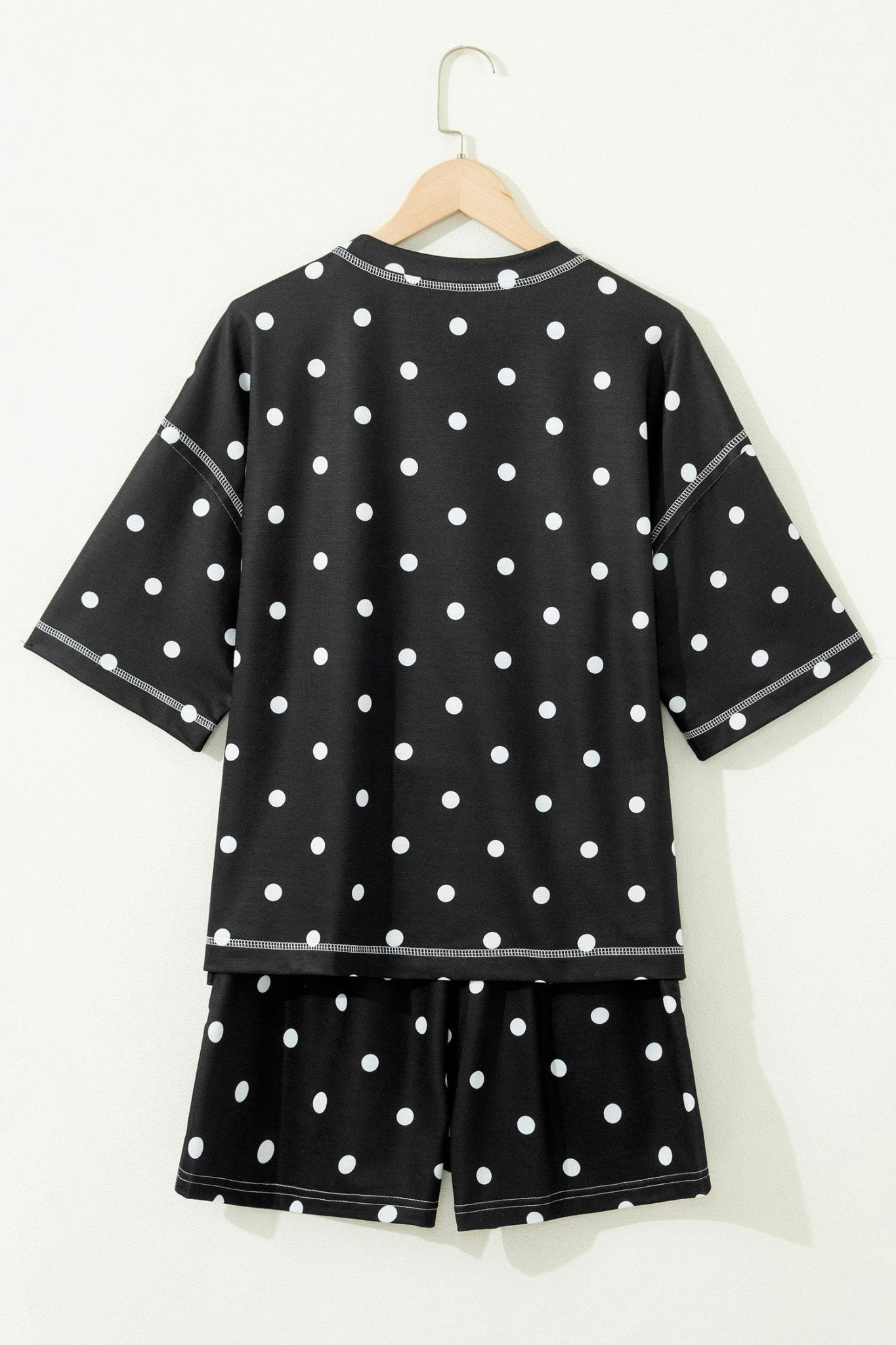 Black Exposed Seam Detail Polka Dot Loose Tee Drawstring Shorts Set - Loving It Shop