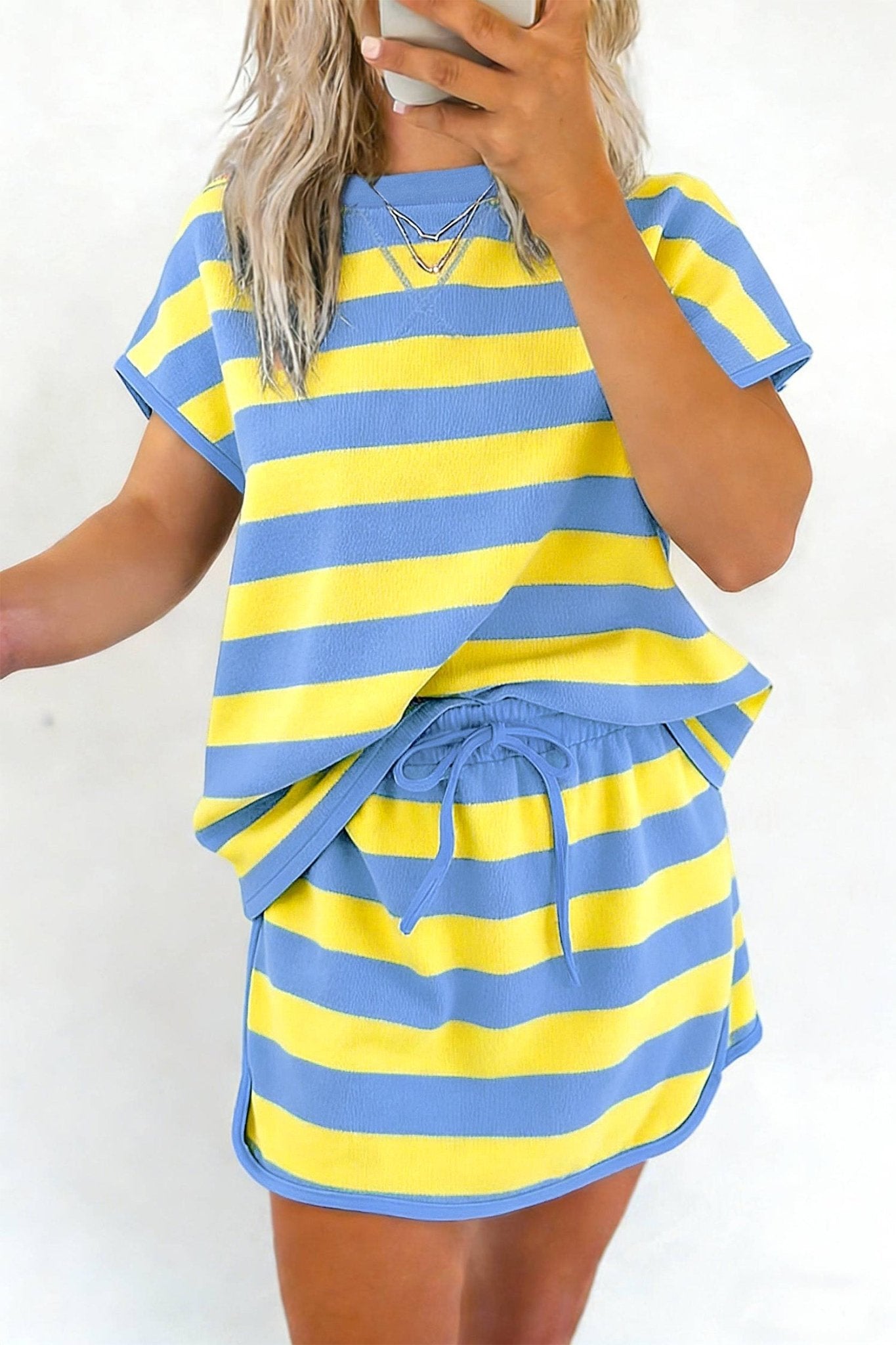 Yellow Stripe Dolman Tee Drawstring Skort Athletic 2pcs Set - Loving It Shop