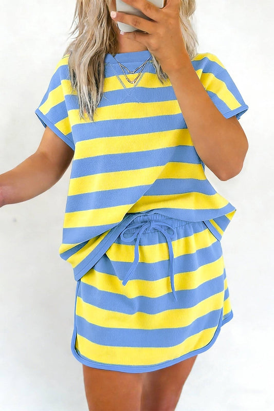 Yellow Stripe Dolman Tee Drawstring Skort Athletic 2pcs Set - Loving It Shop