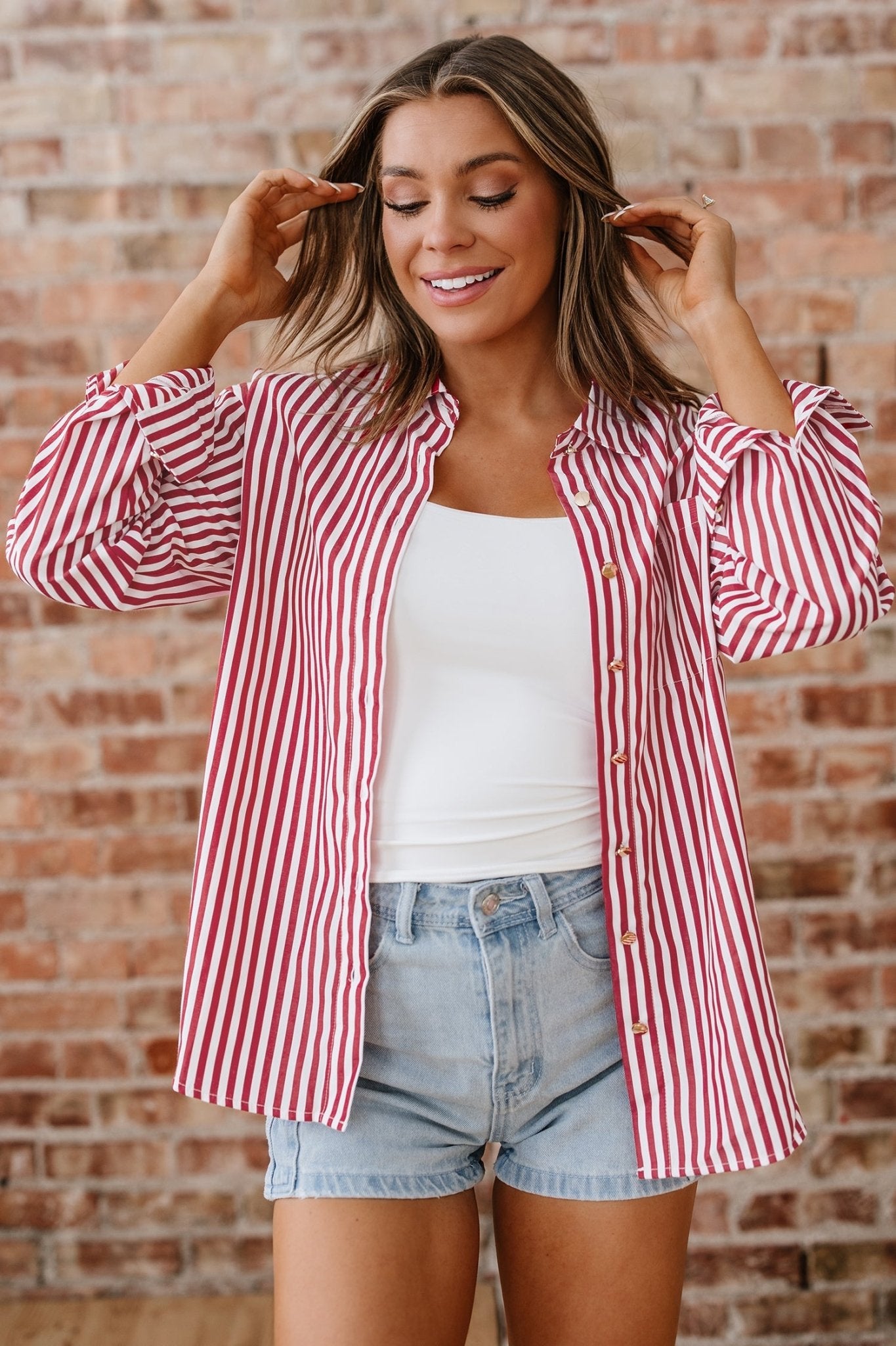 Red Stripe Patched Pocket Side Slit Loose Shirt - Loving It Shop