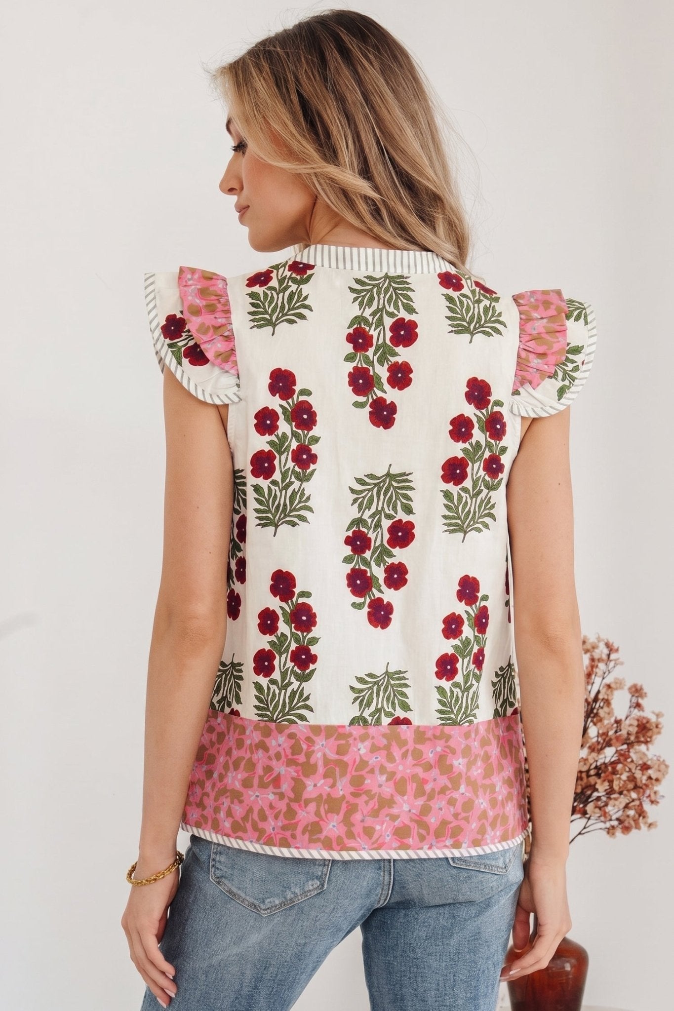 White Floral Print Contrast Striped Trim Flutter Cotton Blouse - Loving It Shop