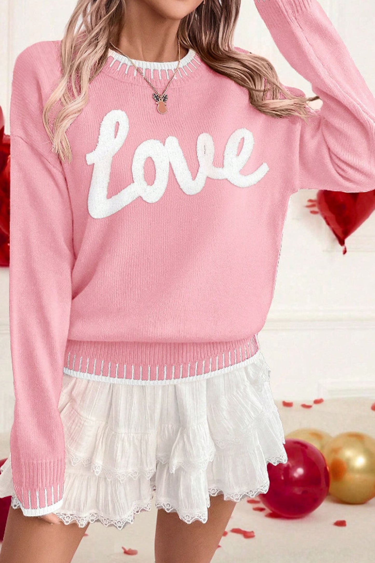 Pink Valentine Love Chenille Letter Graphic Sweater - Loving It Shop