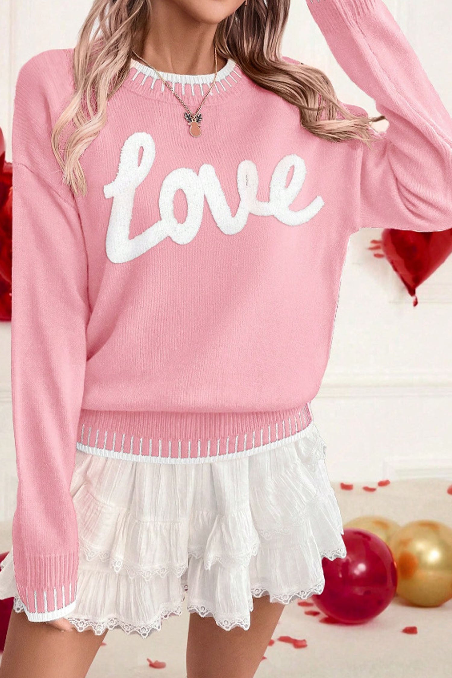 Pink Valentine Love Chenille Letter Graphic Sweater - Loving It Shop