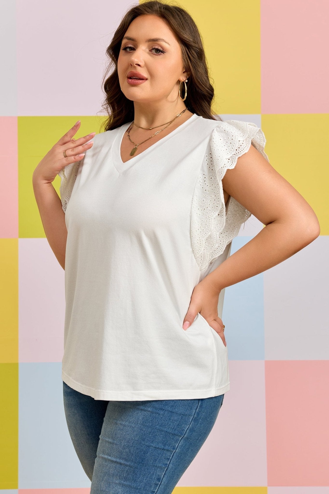 White Eyelet Crochet Splicing Short Sleeve Plus Size Tee - Loving It Shop
