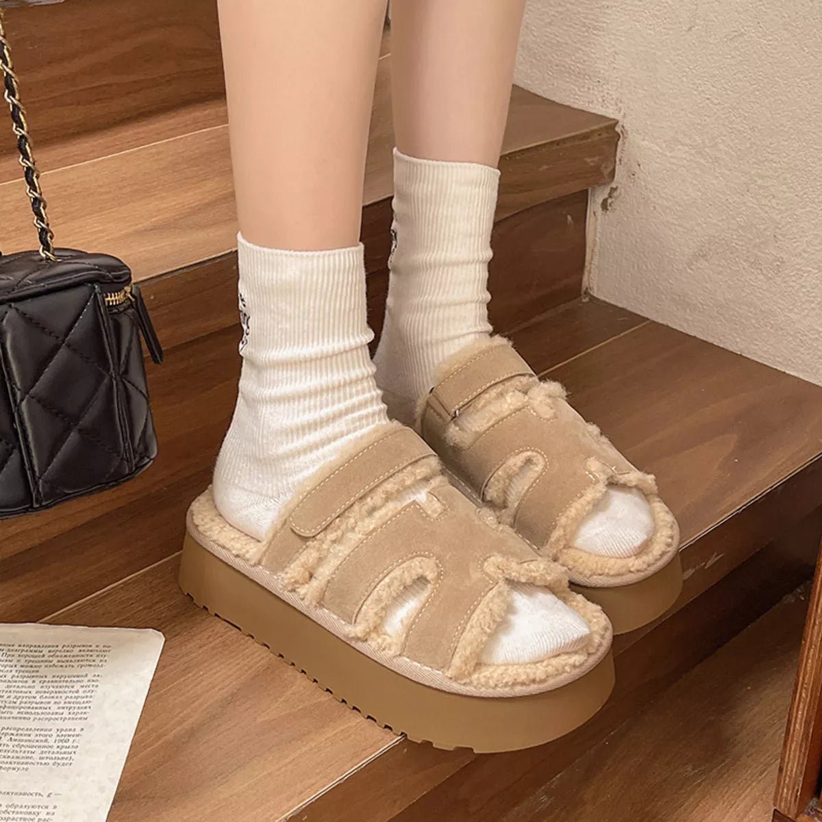 Fluffy Platform Velcro Slippers - Loving It Shop