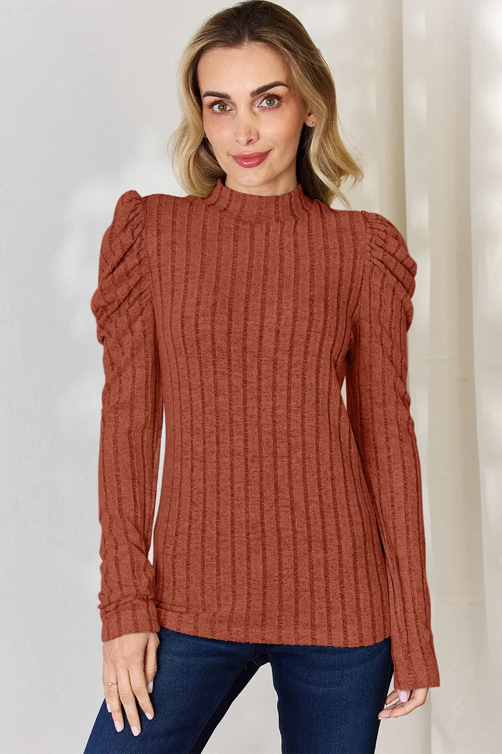 I am a Fashion junky Full Size Ribbed Mock Neck Puff Sleeve T-Shirt