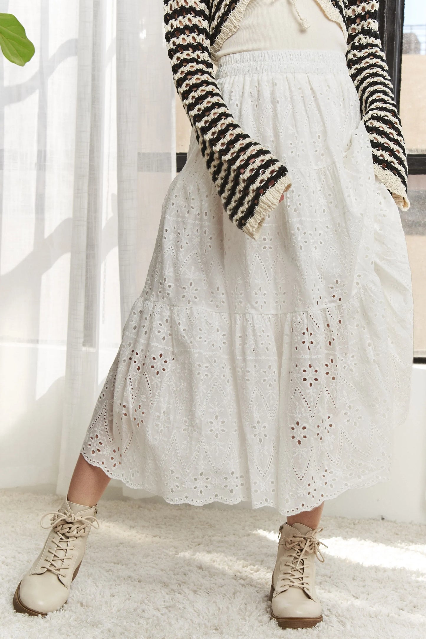Elastic Waistband Tiered Midi Skirt