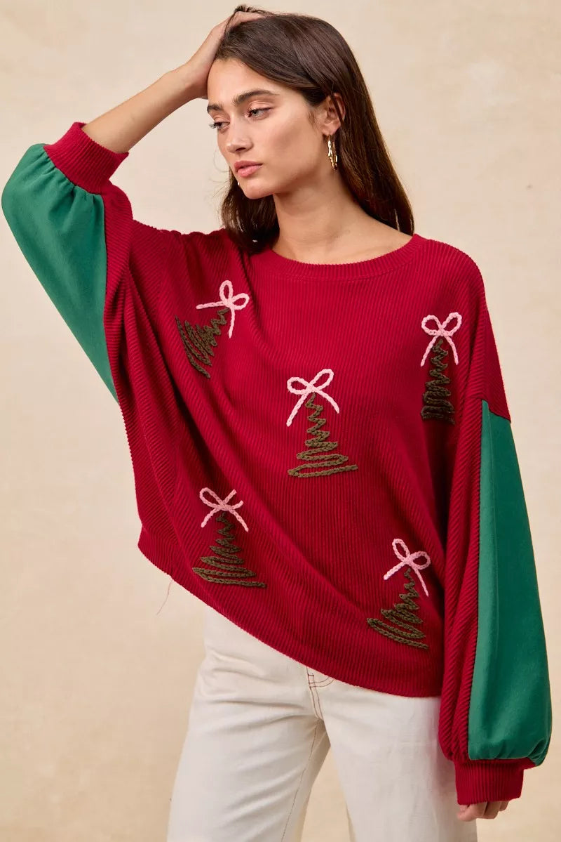 Christmas Theme Tree Embroidered Sweater