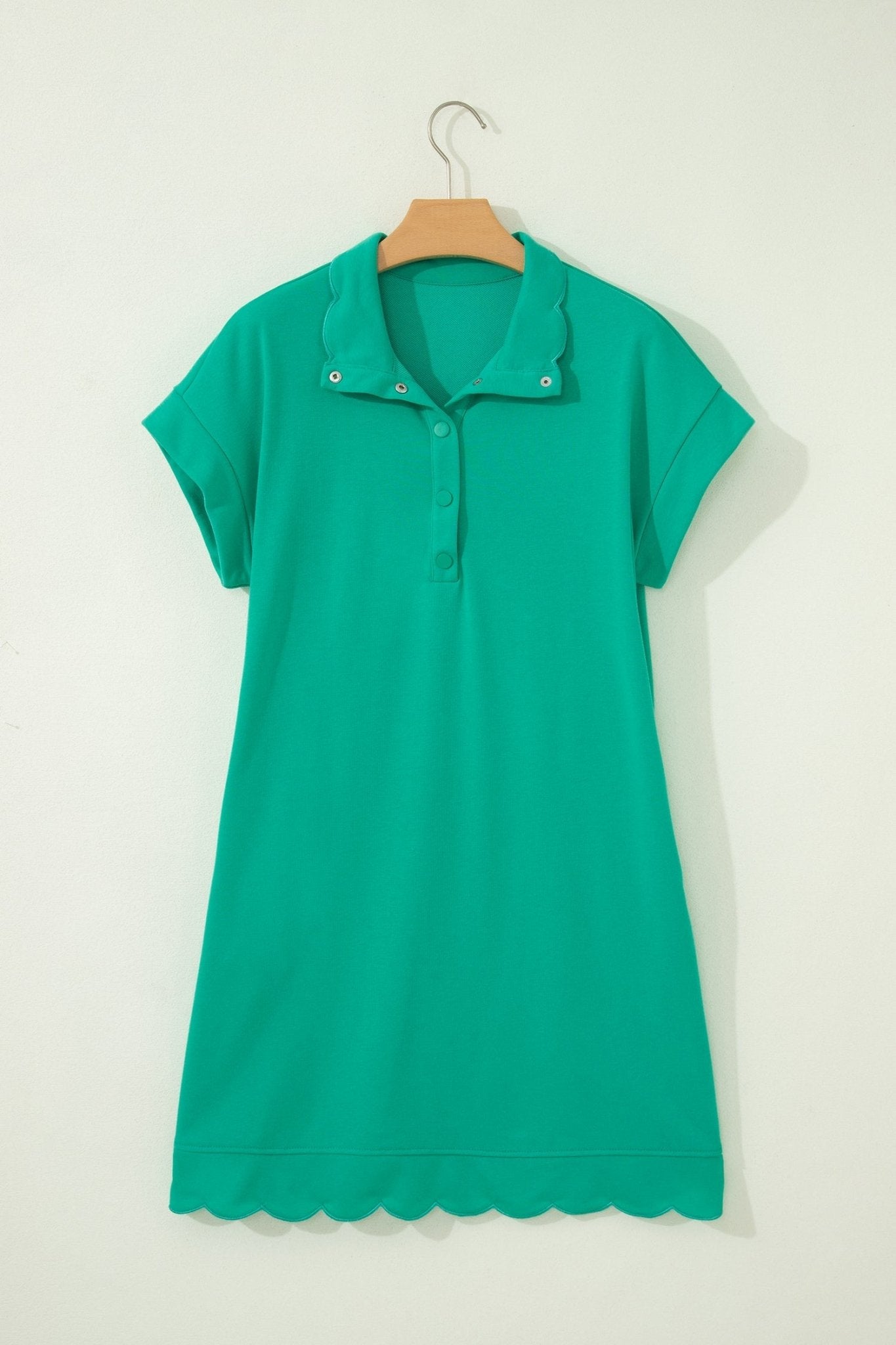 Sea Green Solid Color Snap Button Polo Collar Short Sleeve Scallop Hem Mini Dress - Loving It Shop