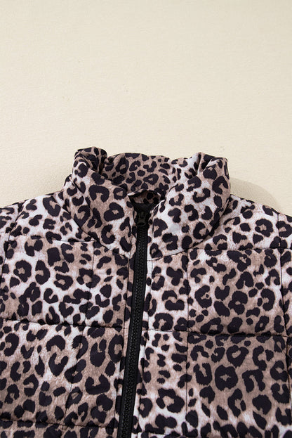 Brown Leopard Quilted Full Zipper Casual Puff Vest