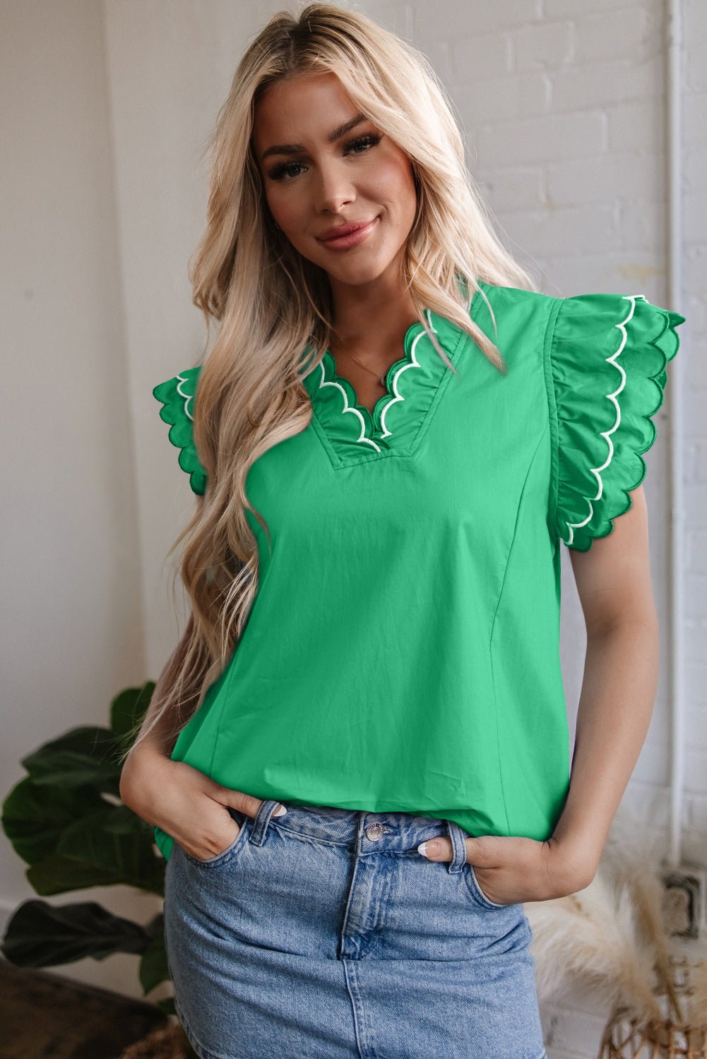 Bright Green Contrast Scallop Trim Layered Short Sleeve V Neck Blouse - Loving It Shop