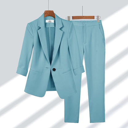 2pcs Casual Blazer Set Solid Color Lapel Single-breasted Jacket And Zipper Straight Pants Women&